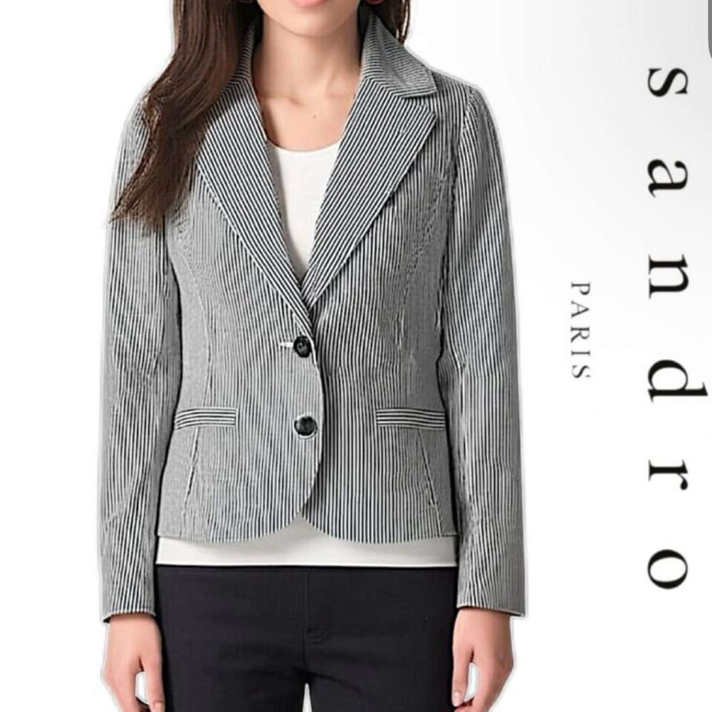 Sandro Navy Blue and White Seersucker Blazer Jacket Size L